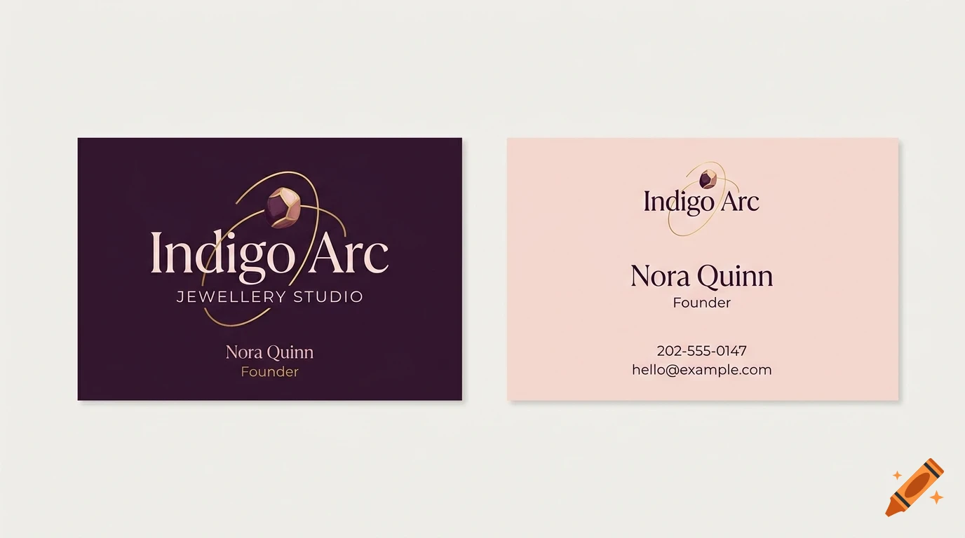 Two business card designs for Indigo Arc Jewellery Studio featuring text and branding on dark and light backgrounds.