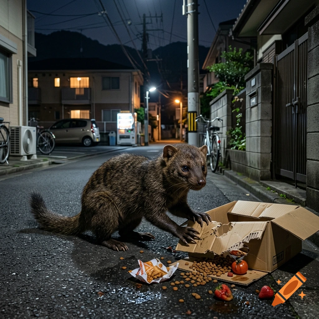 A photorealistic fictional mammal resembling a mongoose standing in a Japanese alley at night next to a torn cardboard box with food.