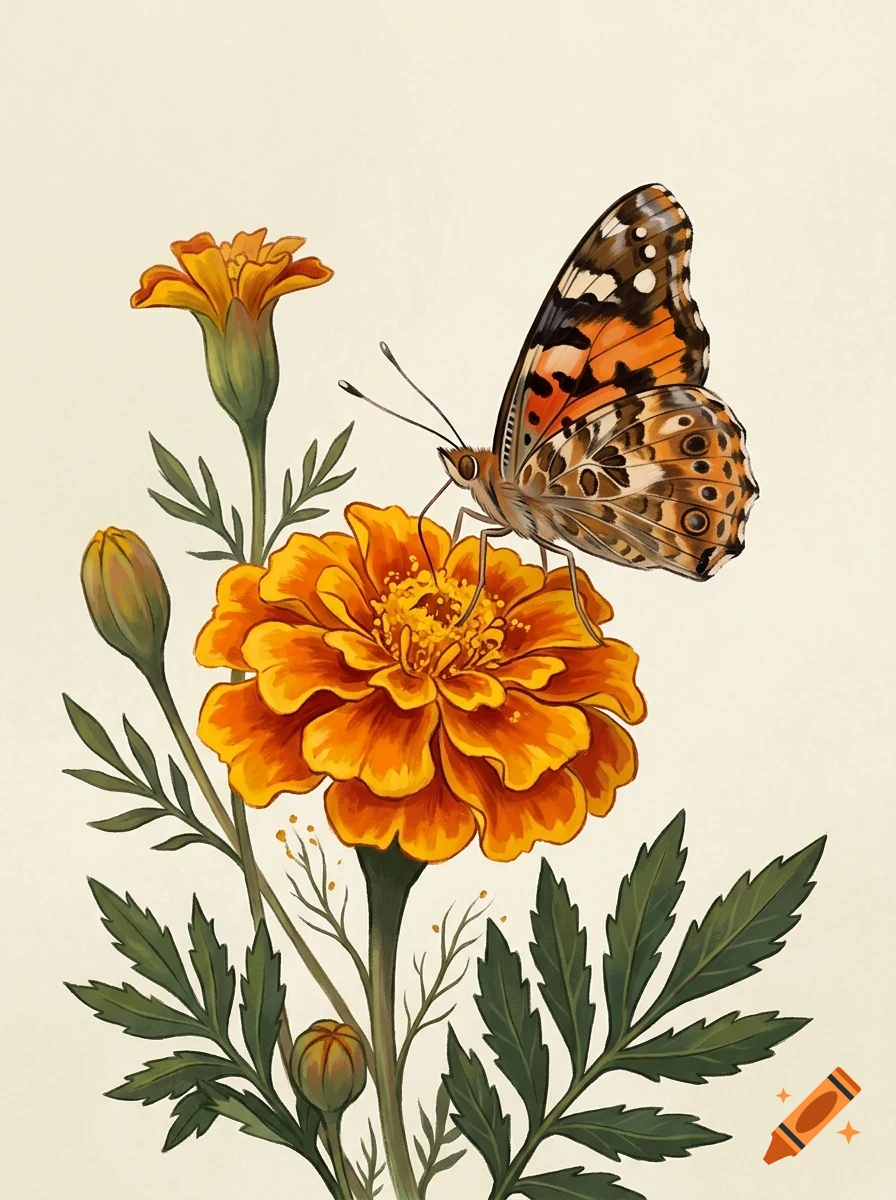 An illustration of a butterfly perched on an orange marigold flower with green leaves and buds.