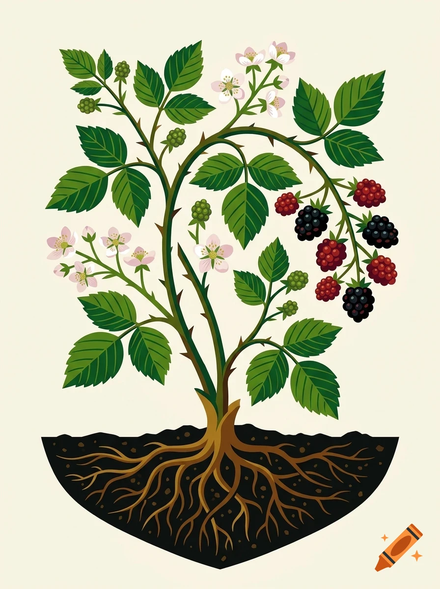 Illustration of a blackberry plant with green leaves, white flowers, unripe green berries, and ripe red and black berries, showing its roots in the soil.