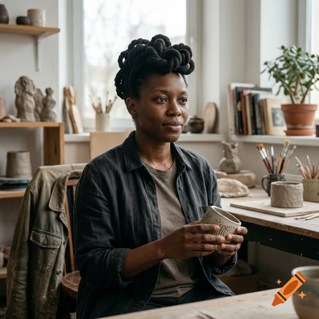 A Black woman with braided hair styled in knots holds a small clay pot in an artist studio.