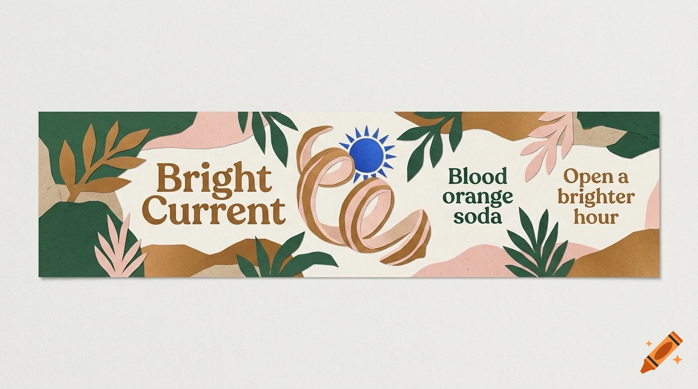 An abstract design banner featuring paper-cut style foliage, an orange peel spiral, a blue sun, and the text Bright Current, Blood orange soda, Open a brighter hour.
