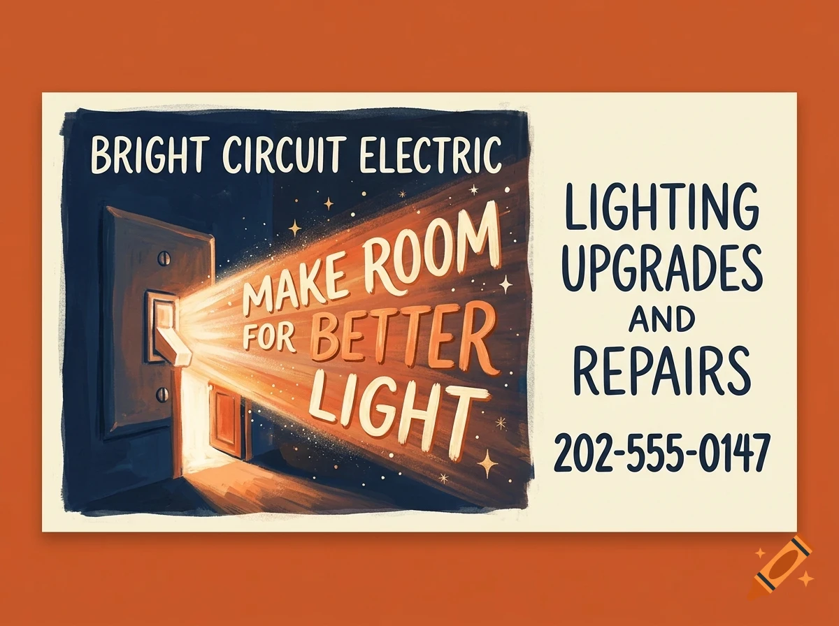 An advertisement for Bright Circuit Electric featuring a light switch emitting glowing rays and text reading 'Make room for better light'.
