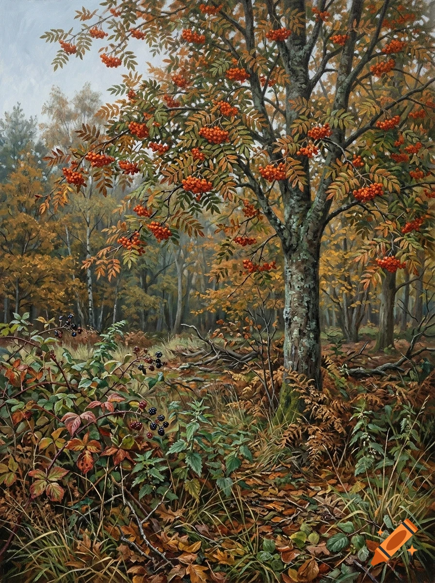 An oil painting of a forest in autumn, featuring a rowan tree laden with orange berries in the foreground and fallen leaves on the ground.