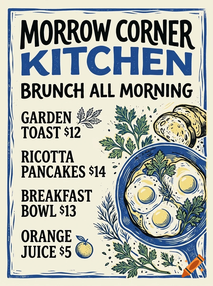 An illustrated menu for Morrow Corner Kitchen featuring text options like brunch items, prices, and illustrations of a skillet with eggs, bread, and herbs.