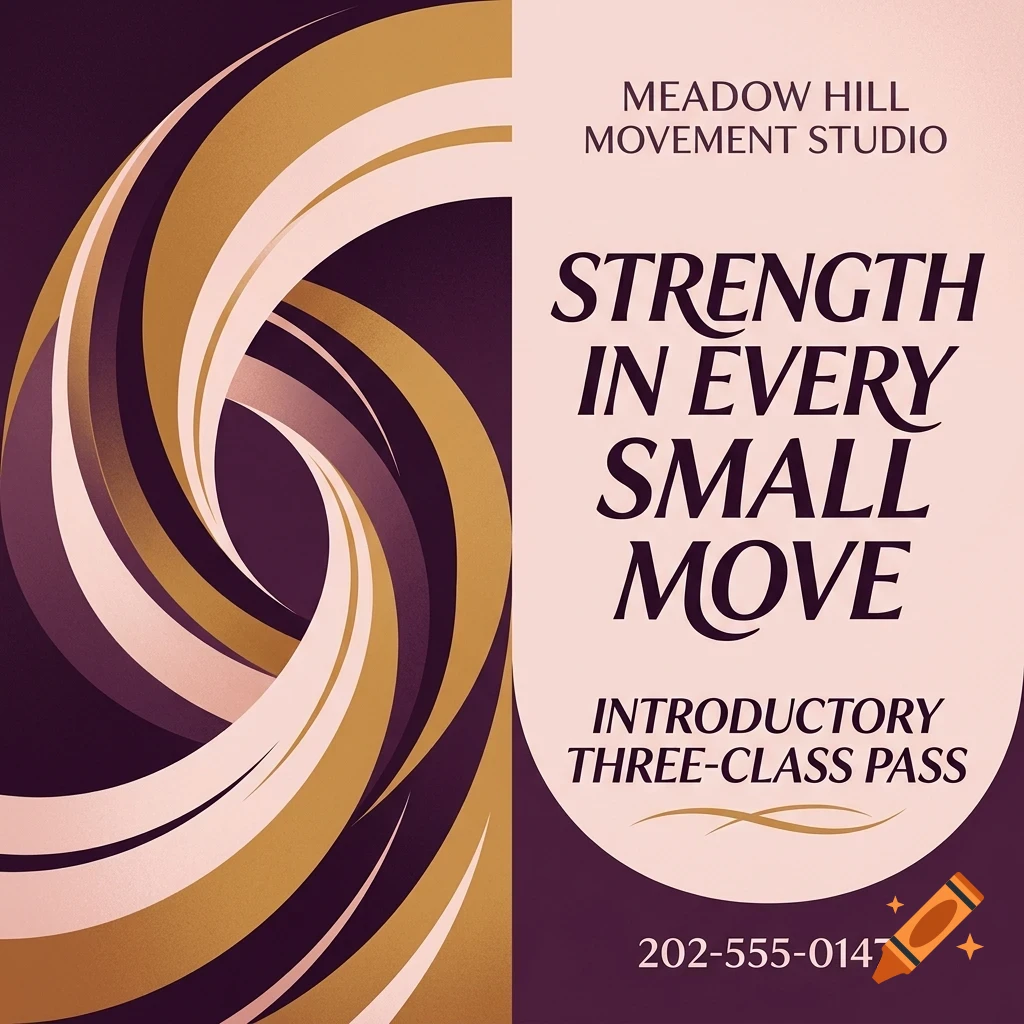 An advertisement for Meadow Hill Movement Studio featuring abstract swirling shapes in purple, beige, and gold, alongside text reading Strength in every small move.