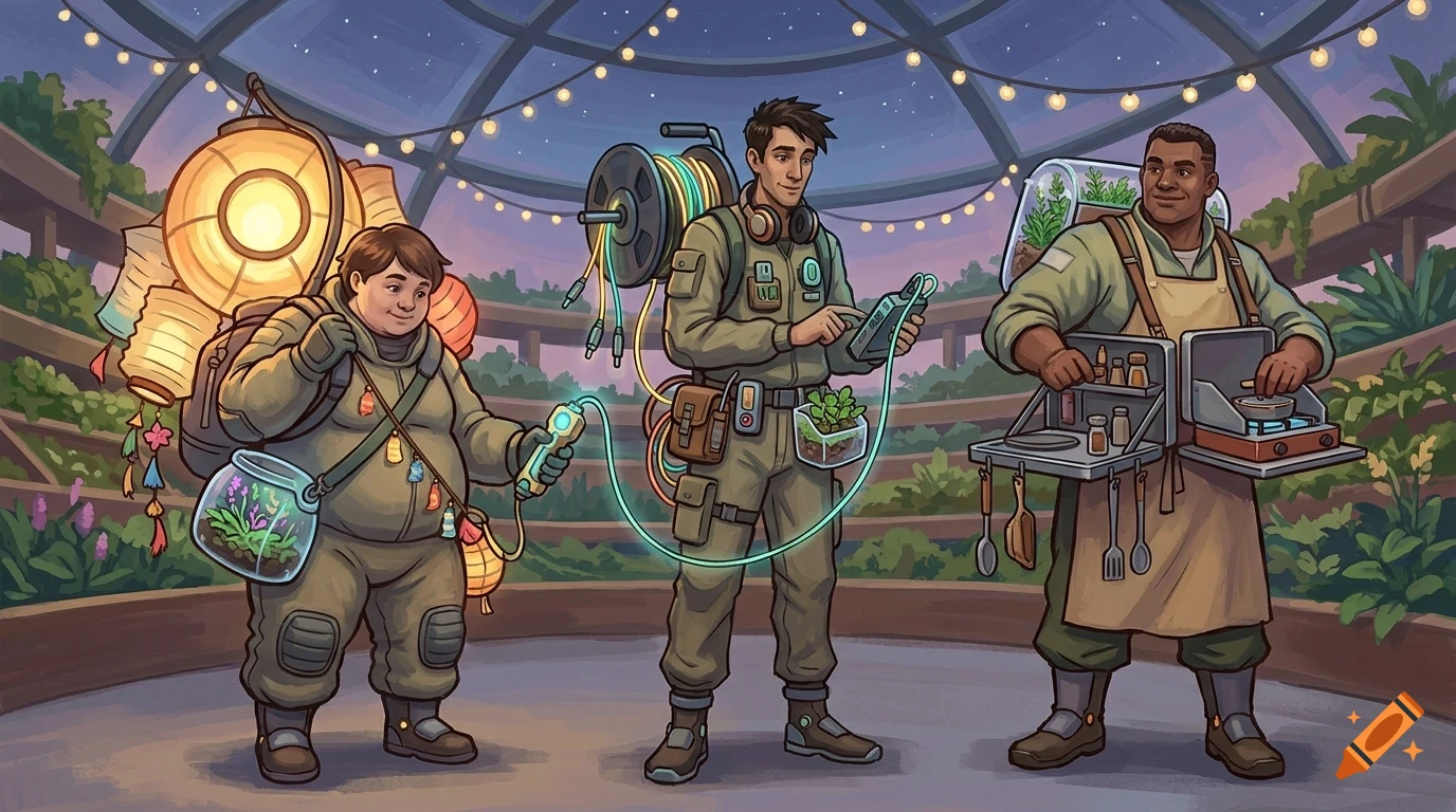 Three people in futuristic jumpsuits inside a large glass dome greenhouse at twilight, carrying specialized equipment like lanterns and tool cases.