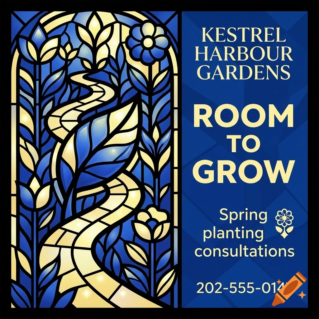 A blue and yellow graphic poster featuring a stained-glass style illustration of a garden path and flowers, with text that reads KESTREL HARBOUR GARDENS ROOM TO GROW.