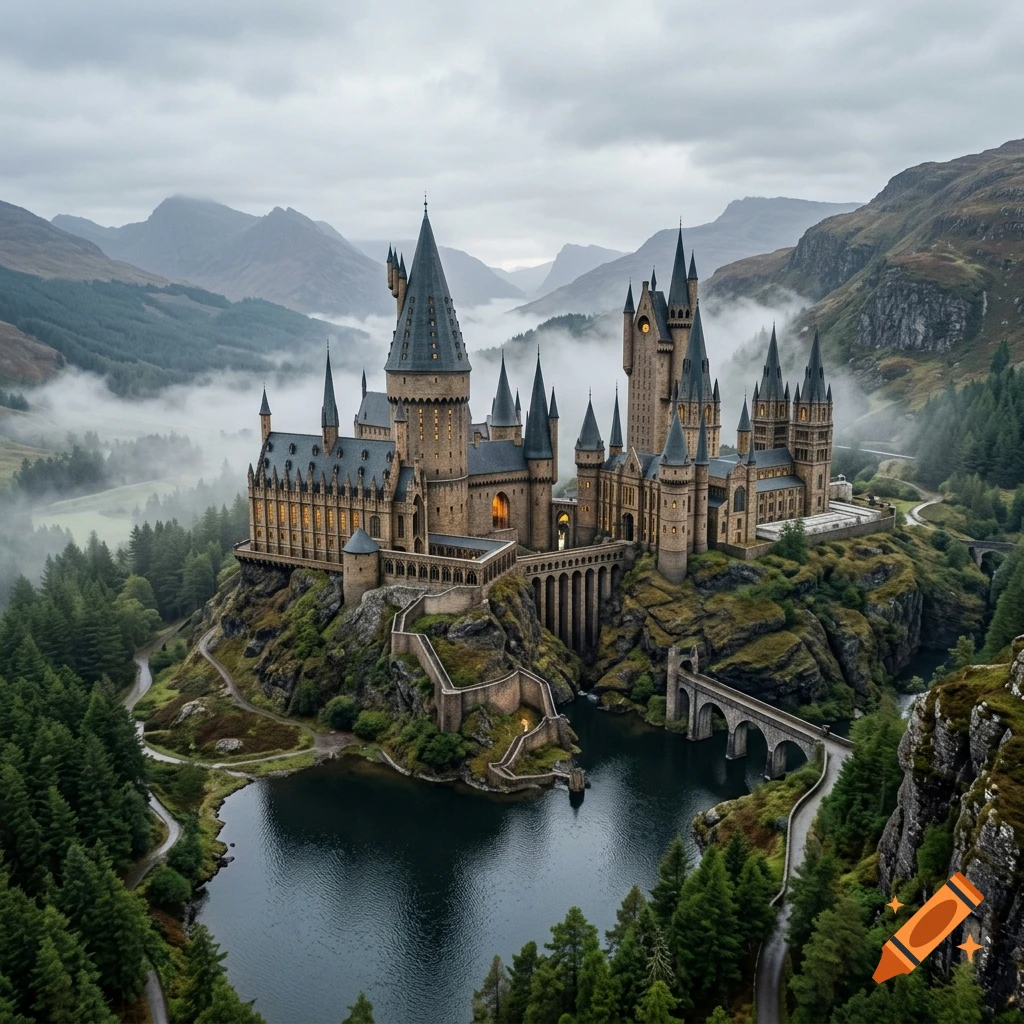 Aerial photorealistic view of a grand medieval castle on a rocky cliff by a lake, surrounded by mountains and forests under a cloudy sky.