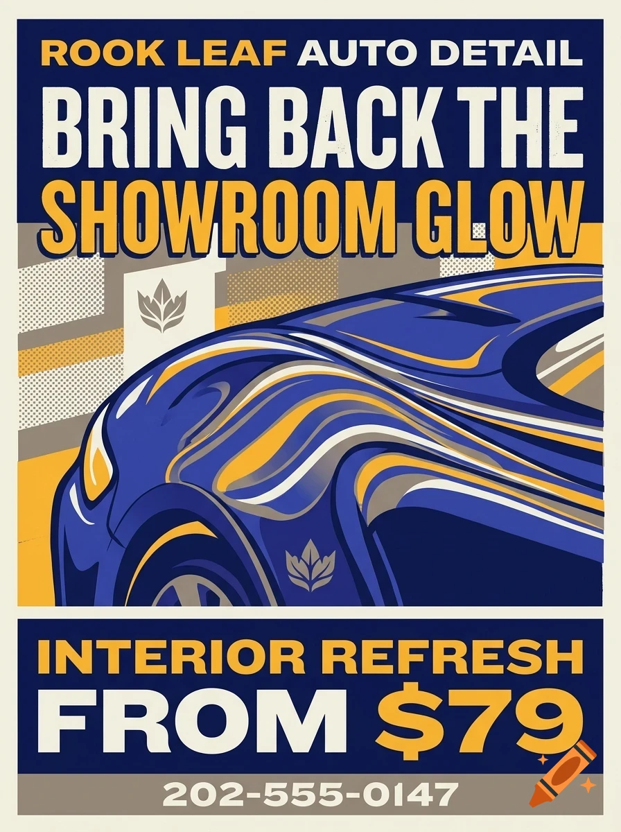 An auto detailing poster featuring a blue car graphic, bold lettering, and contact details.