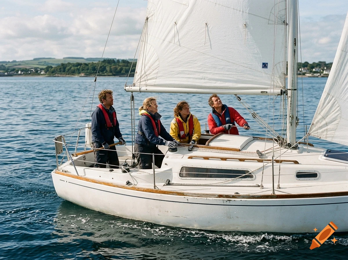Four people sailing on a white sailboat in the ocean under a partly cloudy sky, photorealistic.