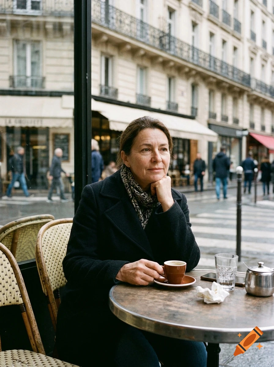A mature woman sitting at a sidewalk cafe in Paris, drinking coffee, with buildings and blurred pedestrians in the background. Photorealistic style.