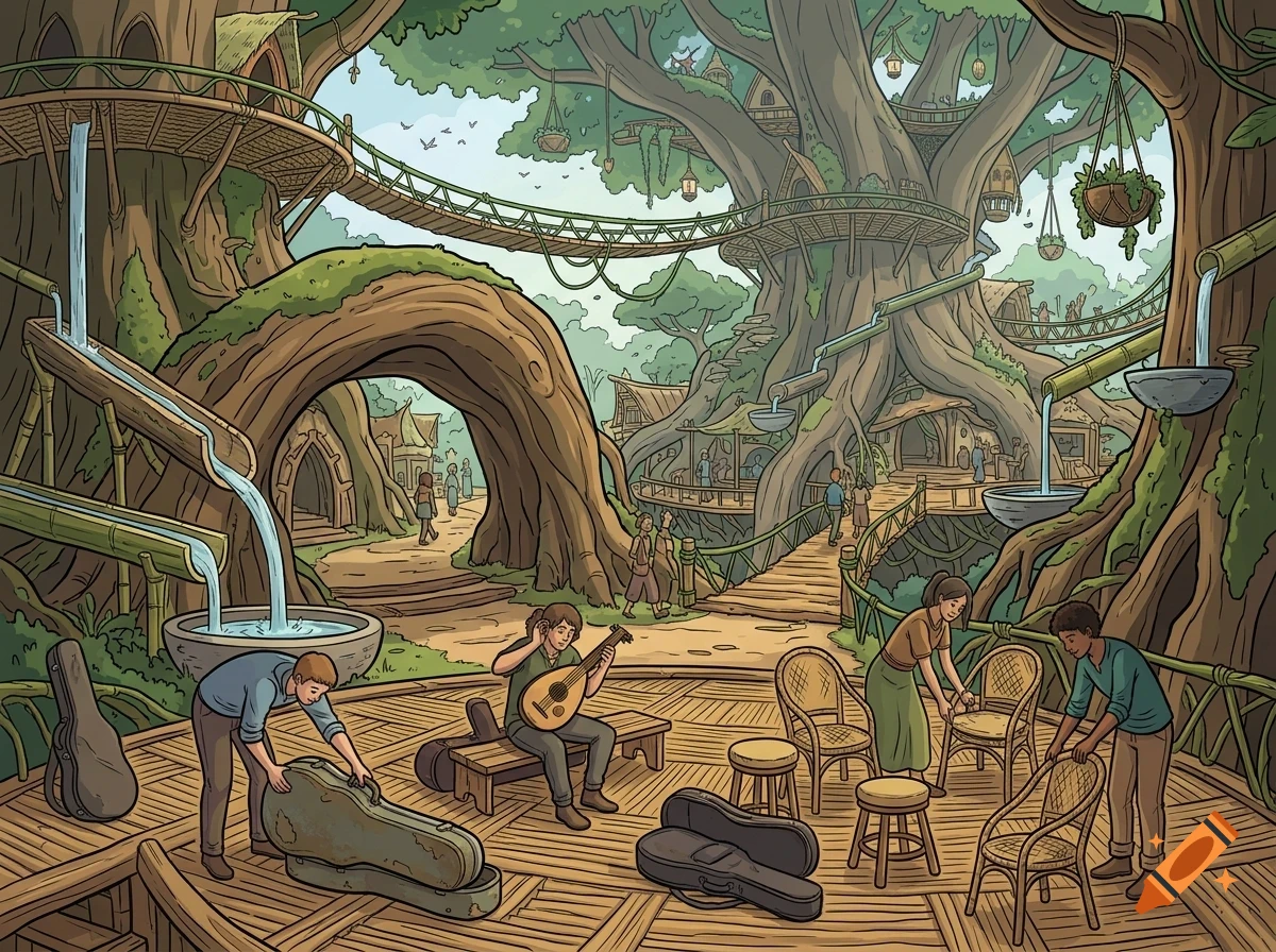 An illustrated village built into a giant tree, with people setting up furniture and playing a lute on a wooden platform.