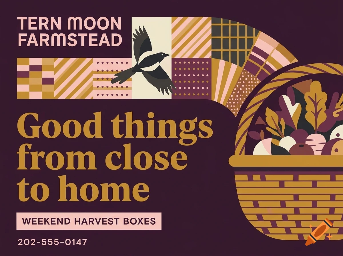 An illustrated poster for Tern Moon Farmstead featuring a flying bird, a basket filled with vegetables, patterned elements, and the text Good things from close to home.