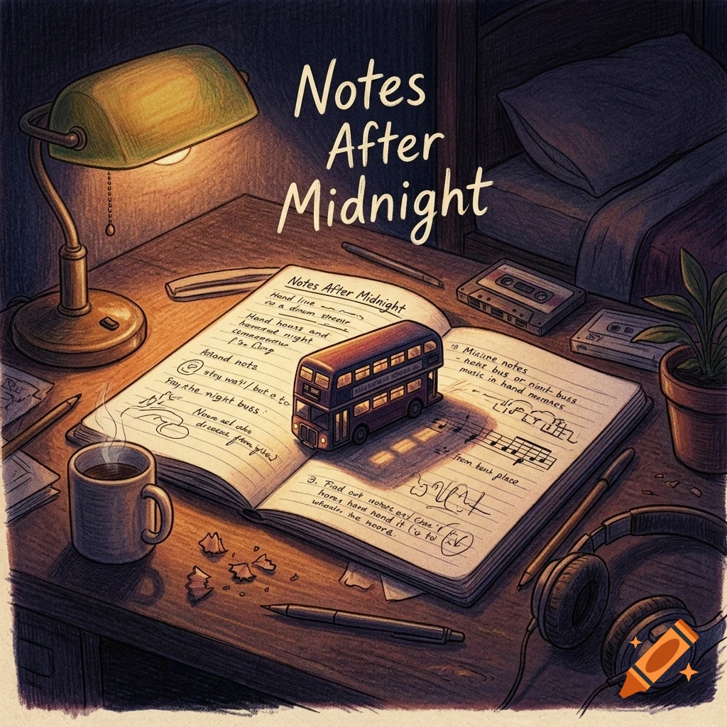 An illustrated nighttime desk scene with an open notebook, a toy double-decker bus, a desk lamp, a cup of coffee, headphones, and cassette tapes, with the text Notes After Midnight.