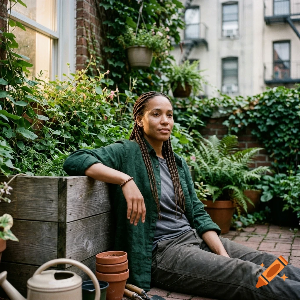 A woman with braided hair sits on a brick patio surrounded by plants and garden pots, leaning against a wooden planter box.