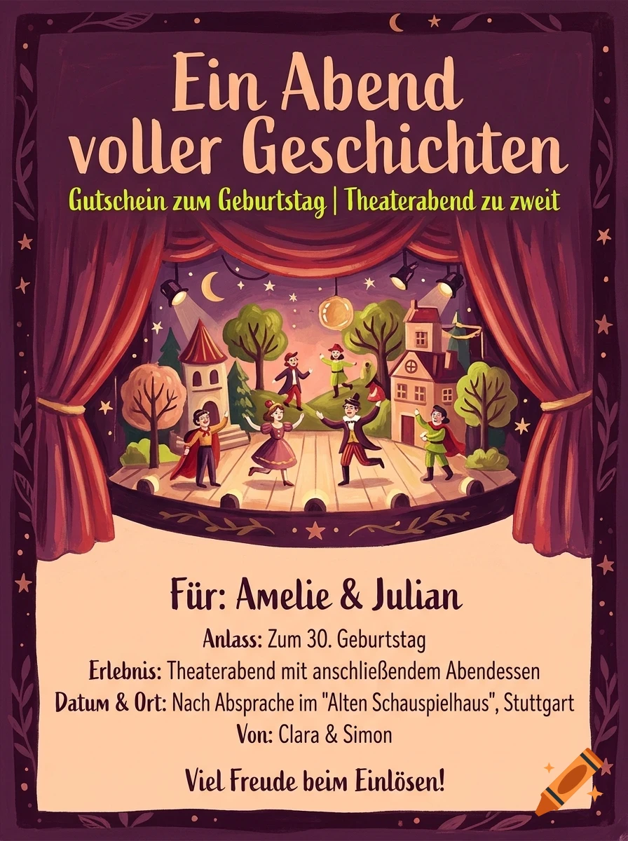 An illustrated voucher with German text featuring a stage performance with characters and red curtains.