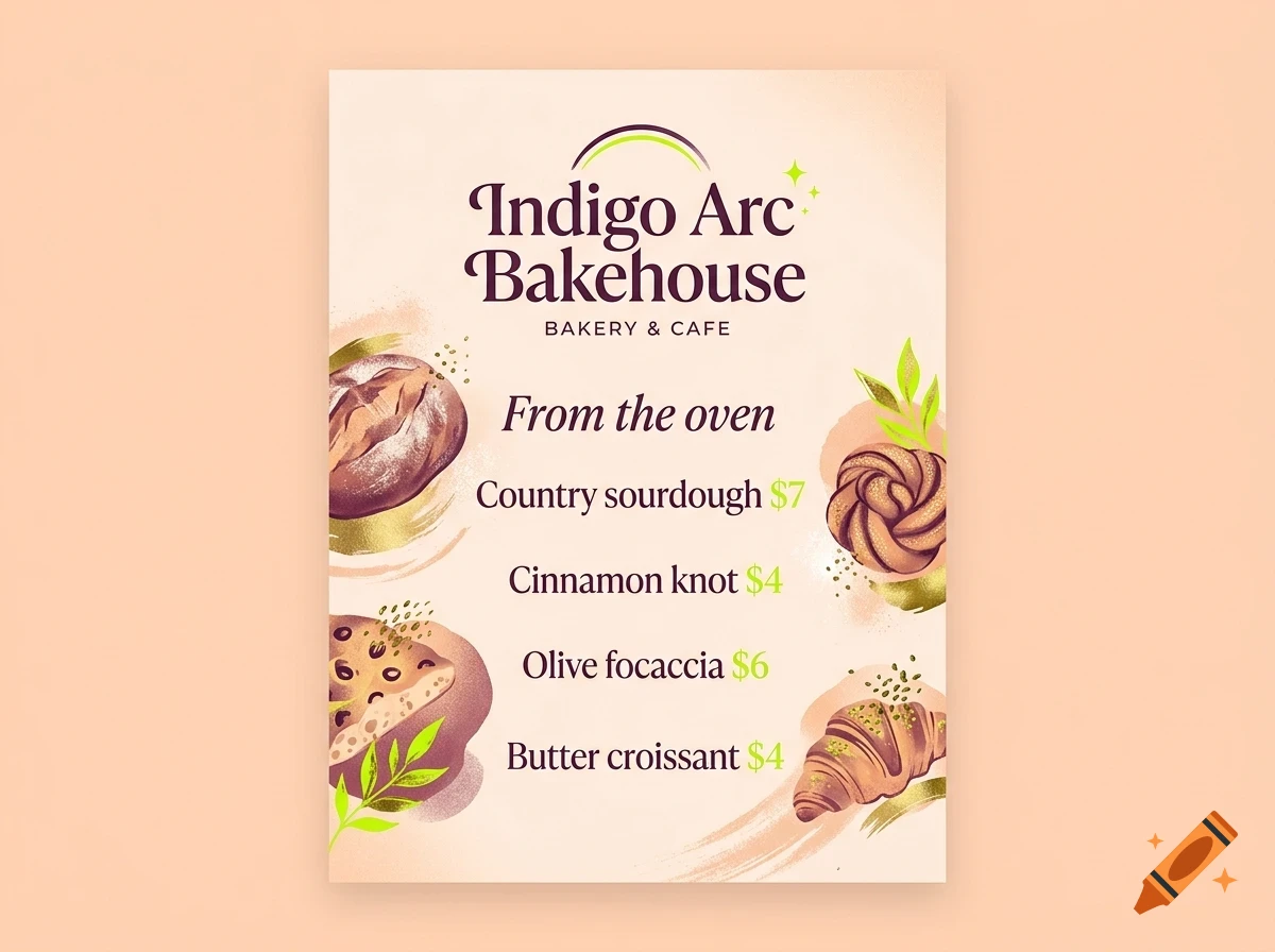 An illustrated menu for Indigo Arc Bakehouse featuring baked goods like sourdough, cinnamon knots, focaccia, and croissants with prices.