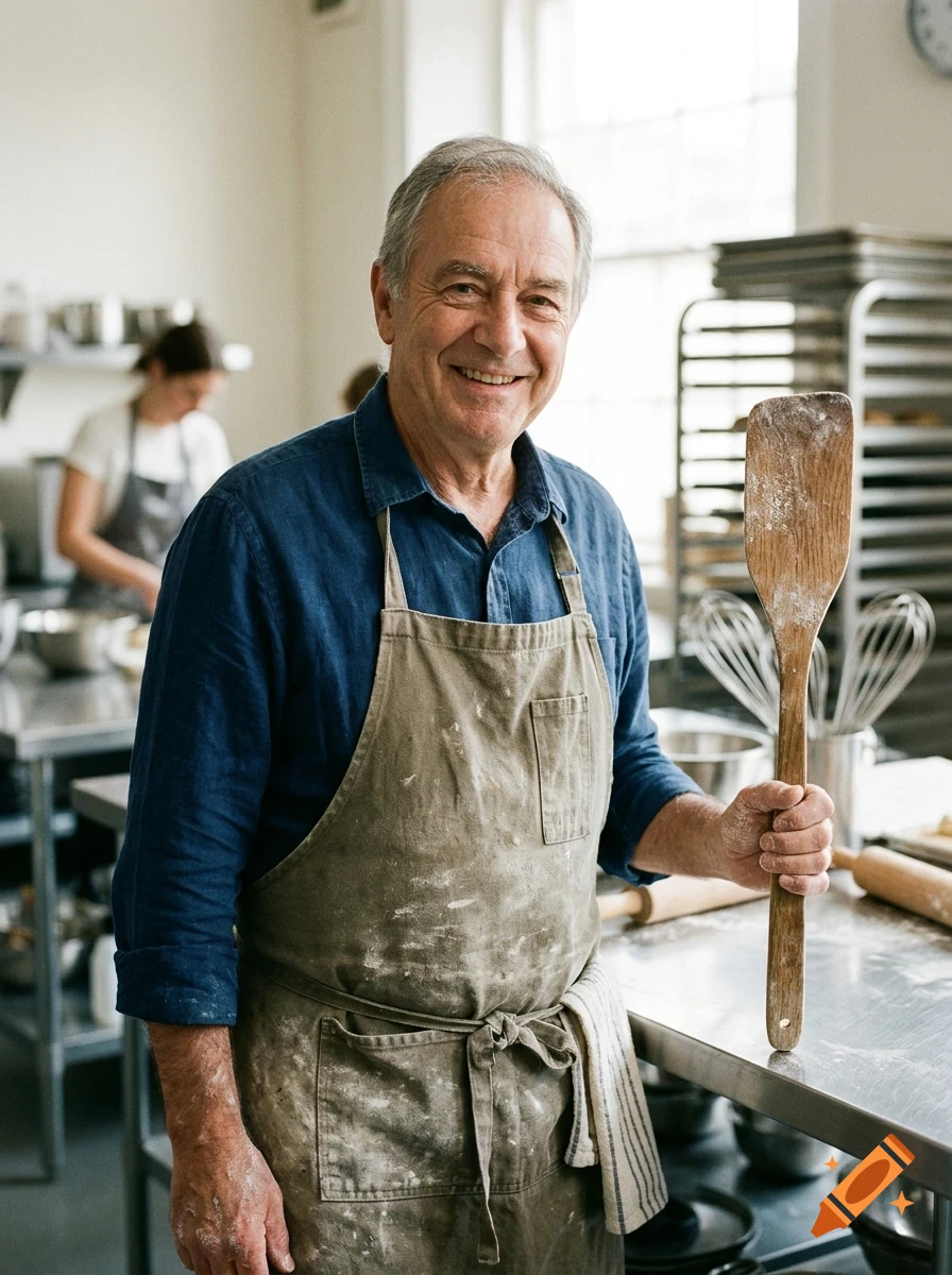 An older man wearing an apron and holding a wooden spatula in a bakery.