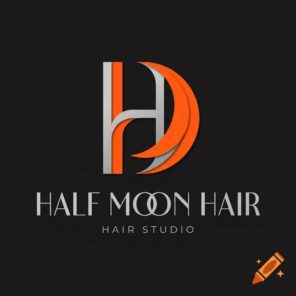 A logo featuring stylized letters forming an H and a crescent moon, with the text HALF MOON HAIR and HAIR STUDIO below on a dark background.