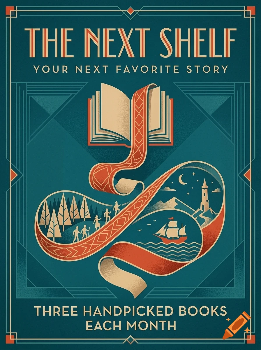 An art deco-style poster for 'The Next Shelf', featuring an open book with a decorative ribbon flowing out, revealing miniature scenes of people walking in a forest, a ship at sea, and a tower under a night sky.