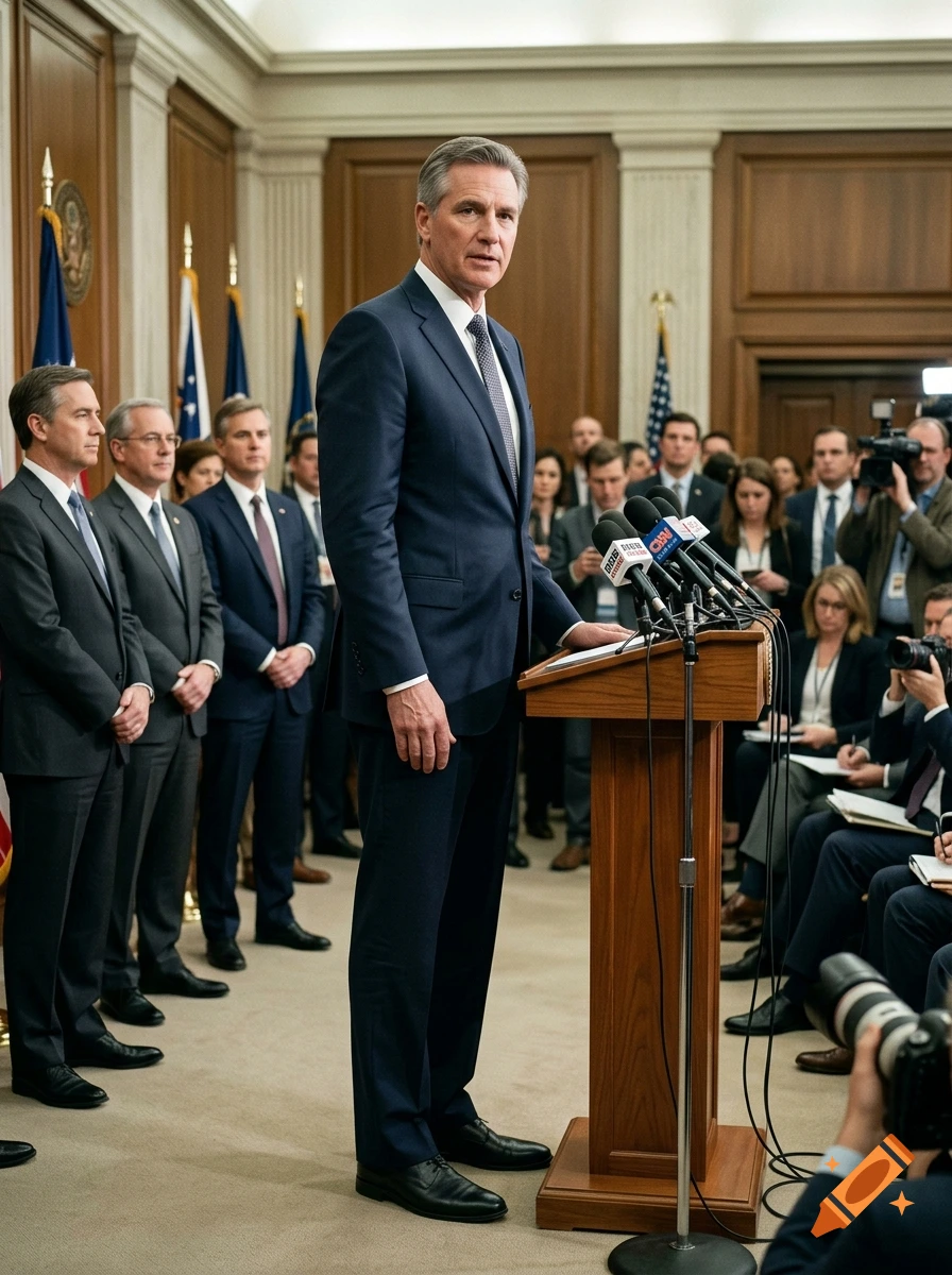 Photorealistic image of a tall politician speaking at a podium during a press conference with reporters.