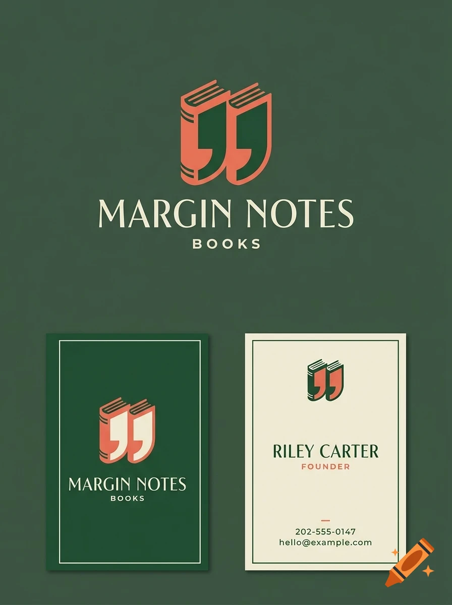 A branding design for Margin Notes Books featuring a logo with books forming quotation marks, accompanied by business cards on a green background.