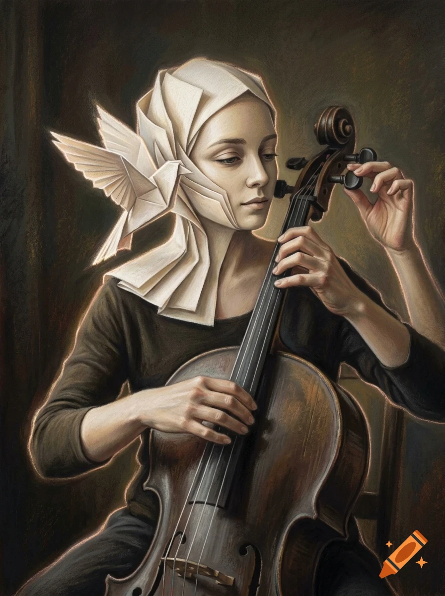 An oil painting of a woman playing a cello, with an origami paper bird and headdress wrapping around her head.