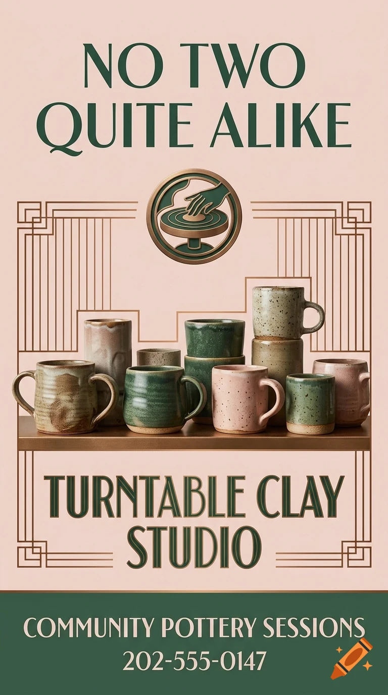 A poster for Turntable Clay Studio featuring handmade ceramic mugs on a shelf and the text 'No Two Quite Alike'.