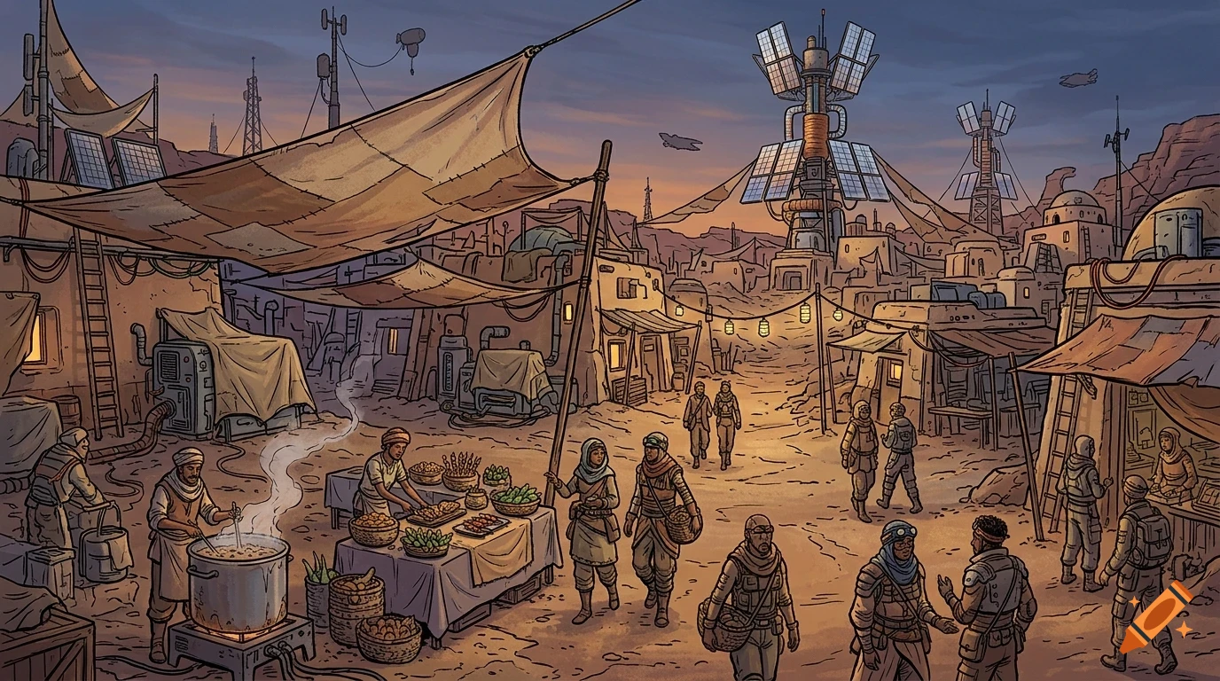 An illustrated futuristic desert settlement market with people walking, cooking, and trading under a twilight sky.