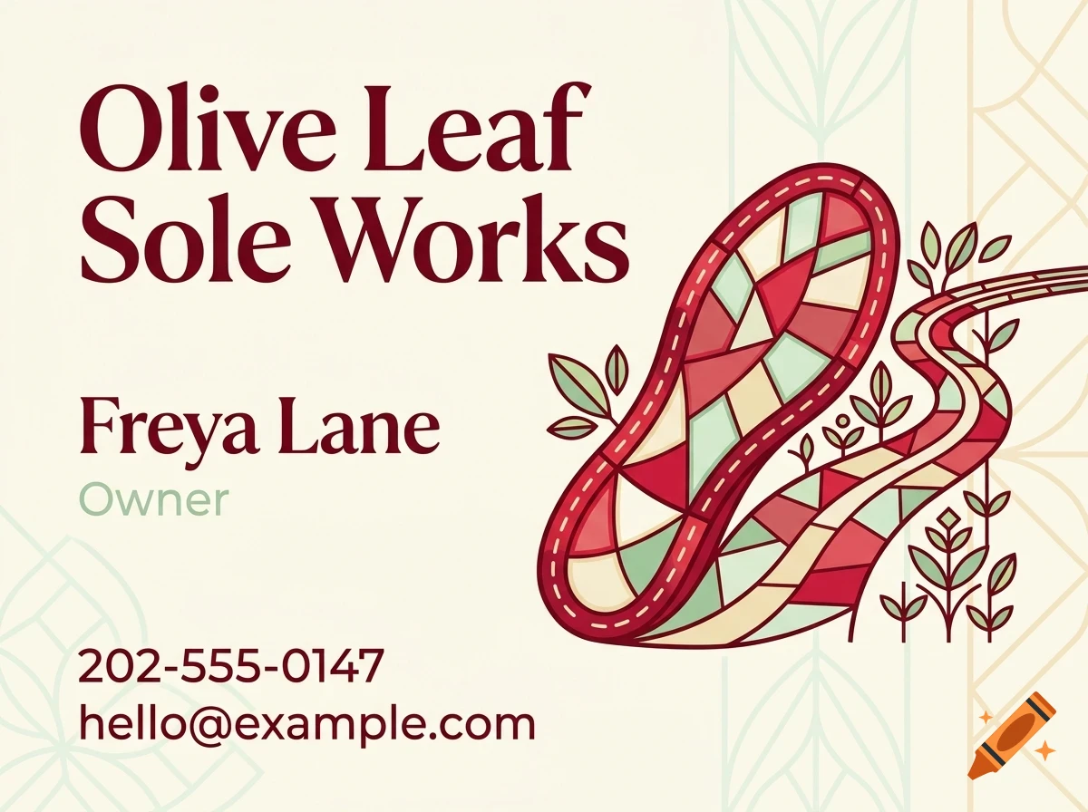 A business card with text Olive Leaf Sole Works, Freya Lane, Owner, a phone number, email, and an illustration of a shoe print filled with geometric patterns and a winding path with leaves.