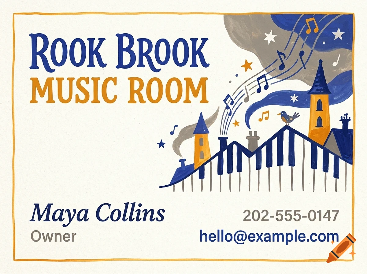 An illustration with text reading Rook Brook Music Room, featuring rooftops shaped like piano keys, musical notes, and a bird.
