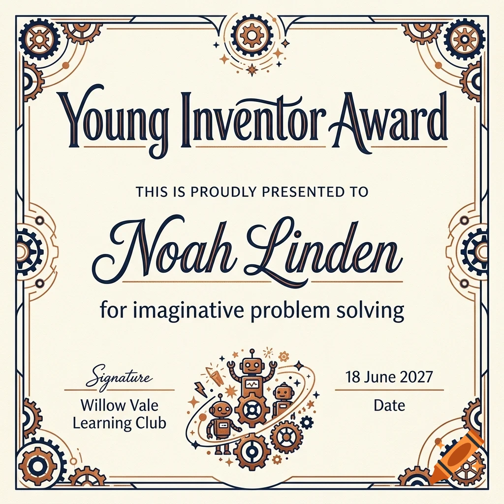 An award certificate featuring the text Young Inventor Award, decorative gears in the corners, and small robot illustrations.