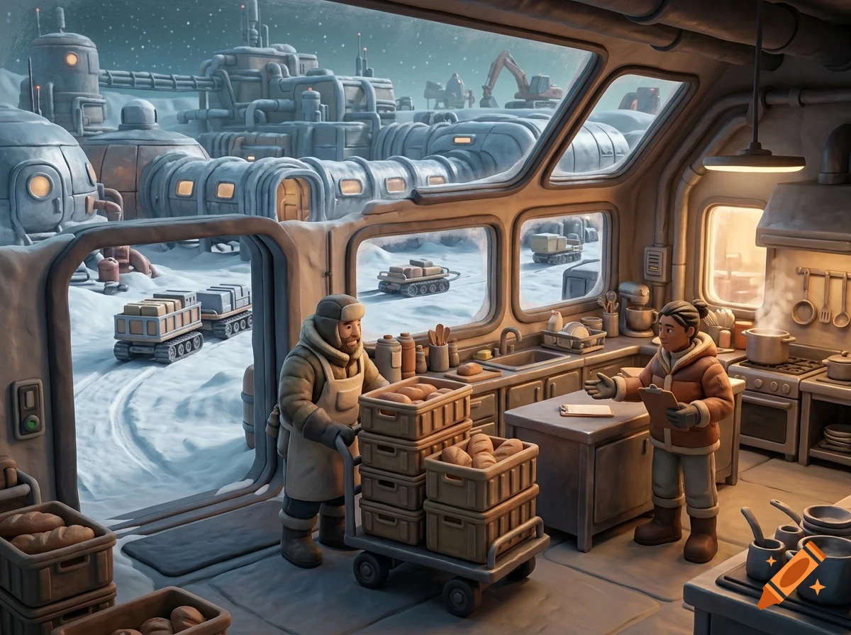 Two people inside a snowy research station kitchen handling crates of bread, looking out at an icy landscape with industrial buildings and transport vehicles.