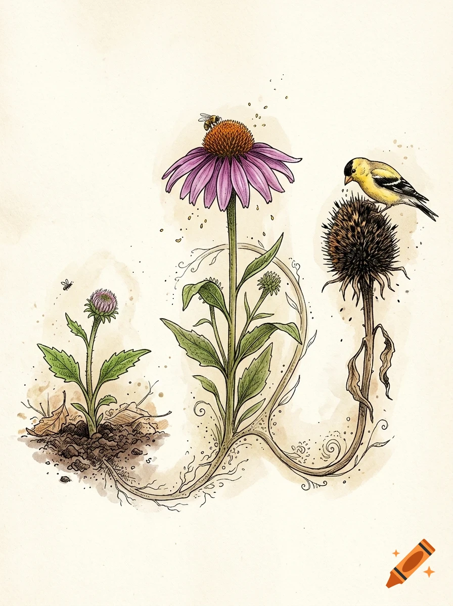 An illustrated depiction of a coneflower life cycle showing a seedling, a blooming flower with a bee, and a seed head with a bird.