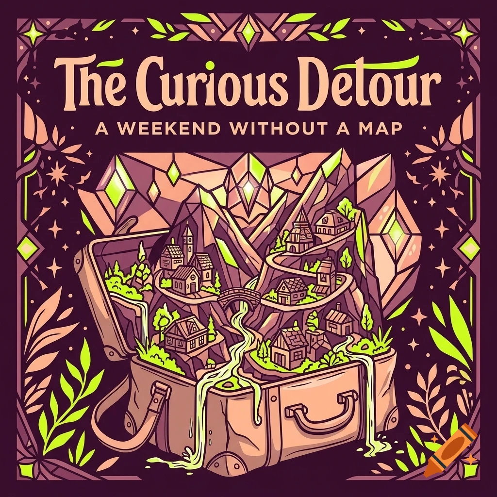 An illustrated book cover titled The Curious Detour featuring a suitcase opening up to a tiny mountainous village with rivers and foliage.