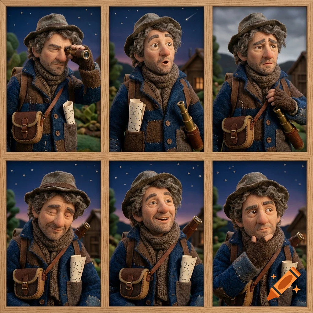 A six-panel stop-motion style image showing an adventurous man with a hat and spyglass gazing at the starry night sky with various expressions.