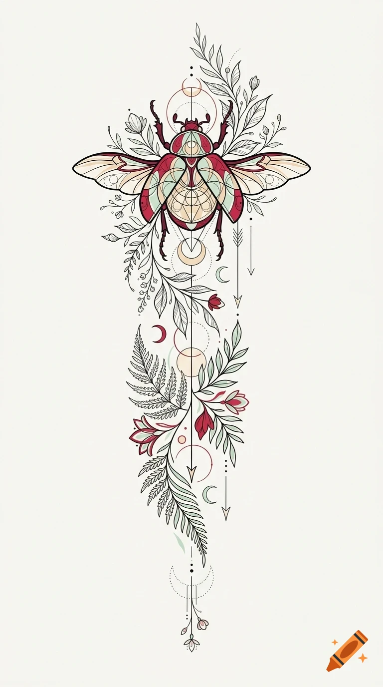 An ornate line art illustration of a beetle combined with botanical elements, geometric shapes, and celestial symbols.