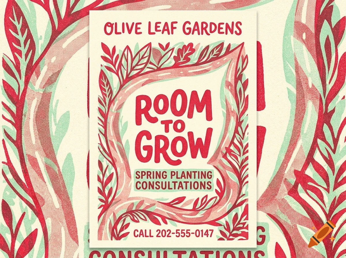 An illustrated poster for Olive Leaf Gardens with red and green foliage and the text ROOM TO GROW.