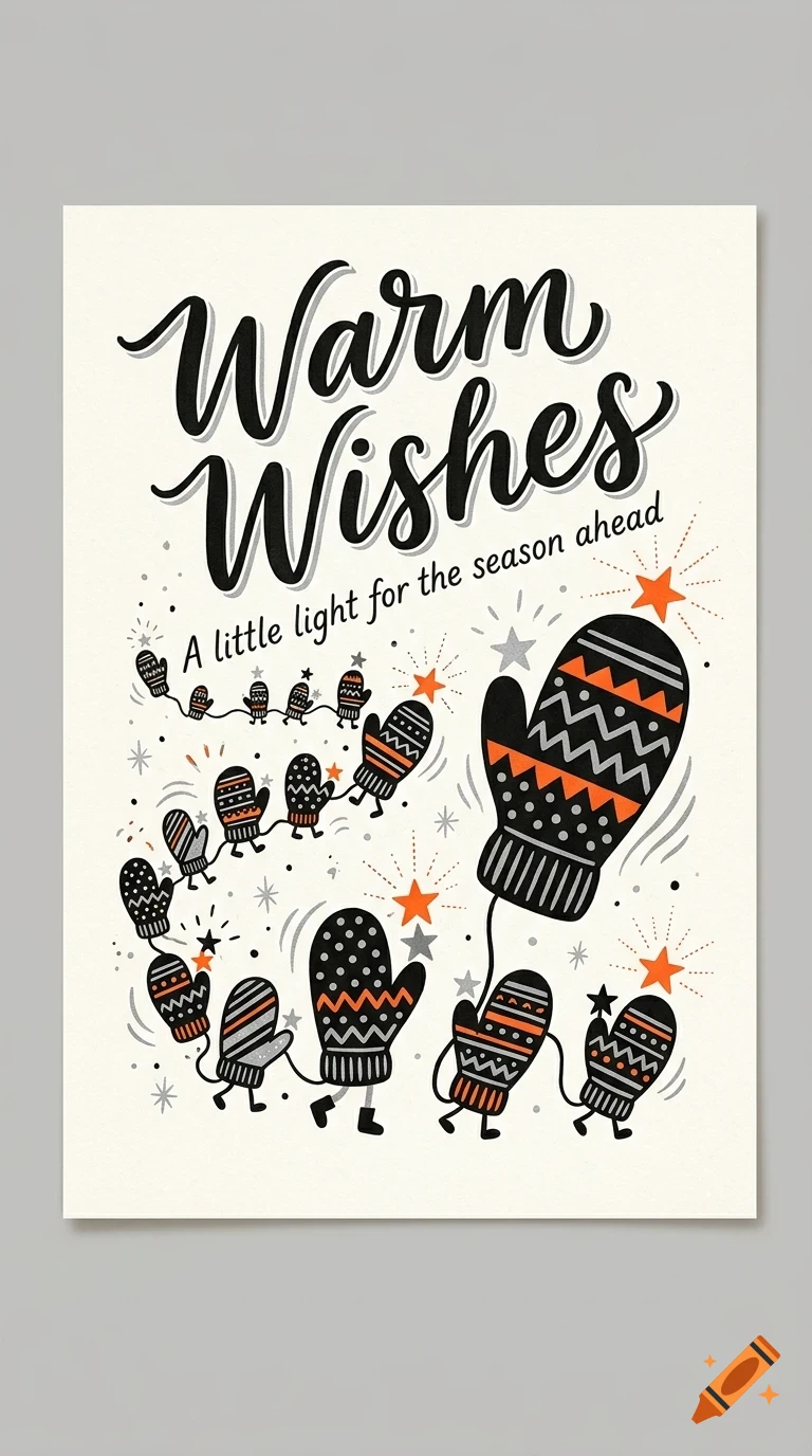 An illustrated greeting card featuring the text Warm Wishes, alongside dancing patterned mittens and glowing stars.