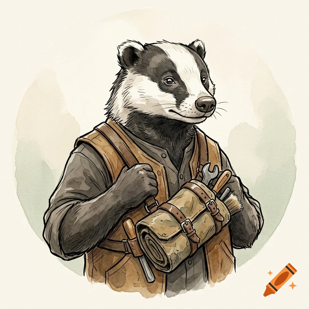 An anthropomorphic badger wearing a vest and holding a tool roll in a watercolor style illustration.