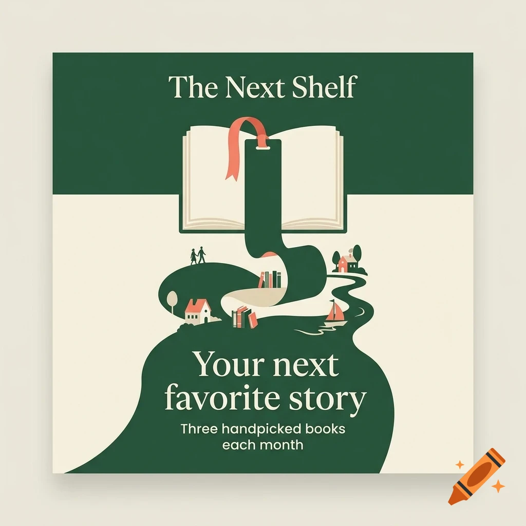 An illustrated book design with a ribbon flowing down into a landscape scene containing tiny houses, people, and books, accompanied by text.