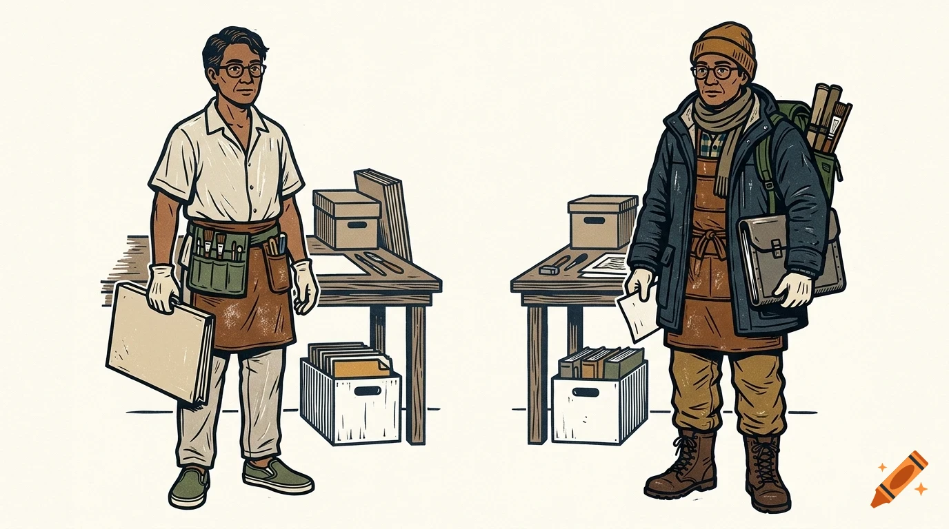 An illustration of the same man in two different outfits, holding art supplies and standing in front of work tables.