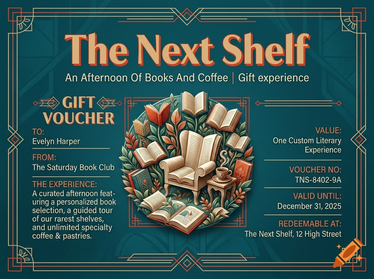 A gift voucher for The Next Shelf, featuring an armchair, books, and coffee surrounded by foliage in an art deco design.