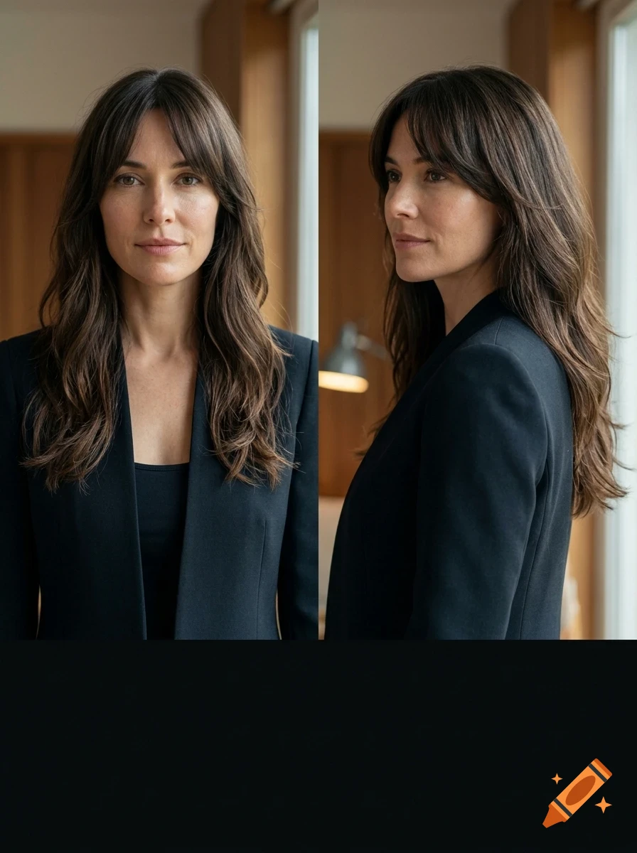 A split image showing a woman with long dark hair and bangs in front and side profiles, wearing a dark blazer.