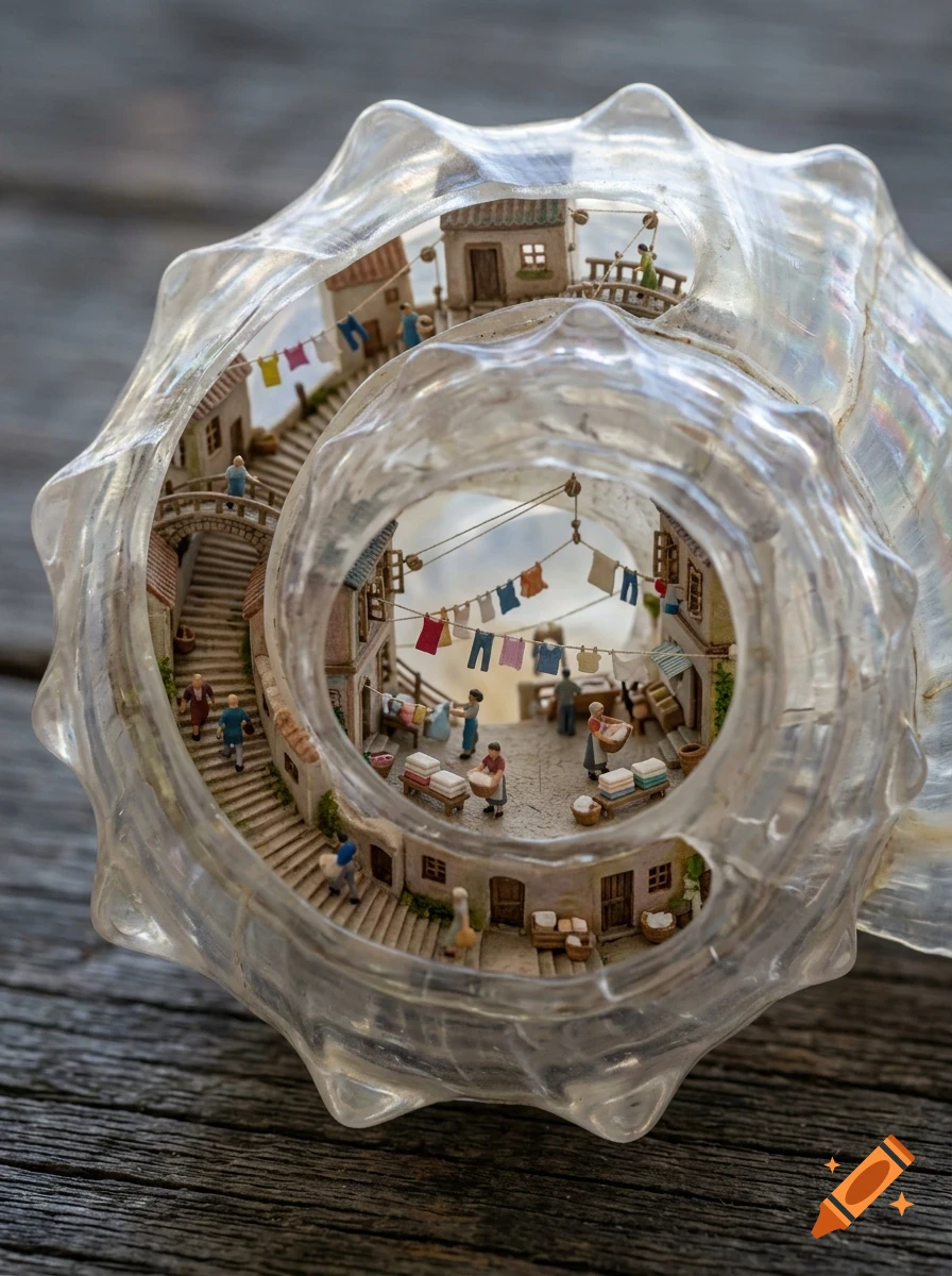 A miniature village built inside a translucent spiraled seashell, featuring tiny houses, staircases, and people doing laundry.