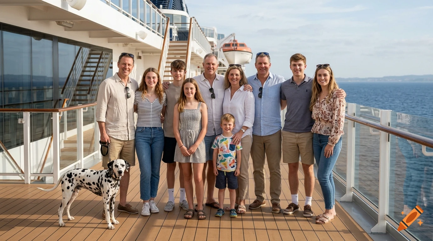 Photorealistic image of a large family and a dalmatian dog posing on the deck of a cruise ship.