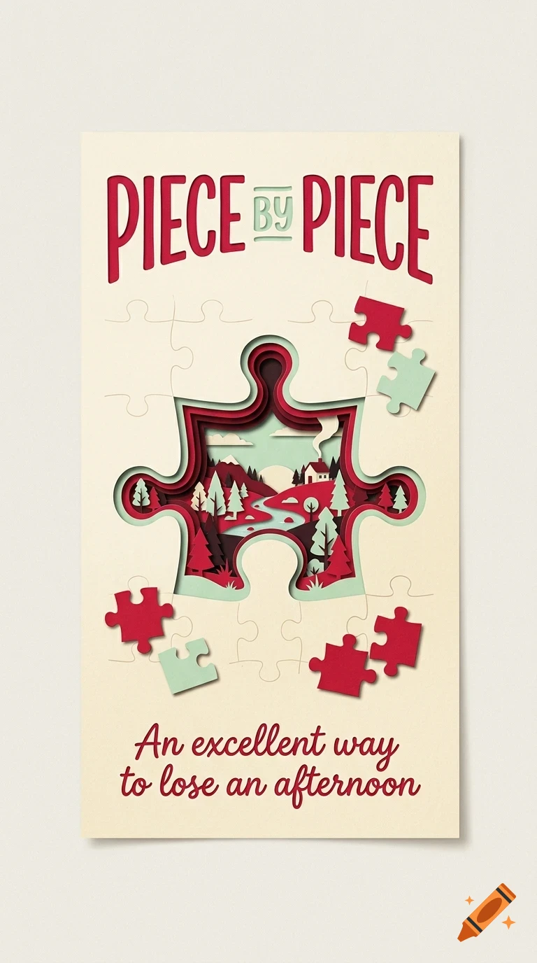 A poster with the text "PIECE BY PIECE" at the top and "An excellent way to lose an afternoon" at the bottom, featuring a layered cut-out jigsaw puzzle piece revealing a landscape scene.