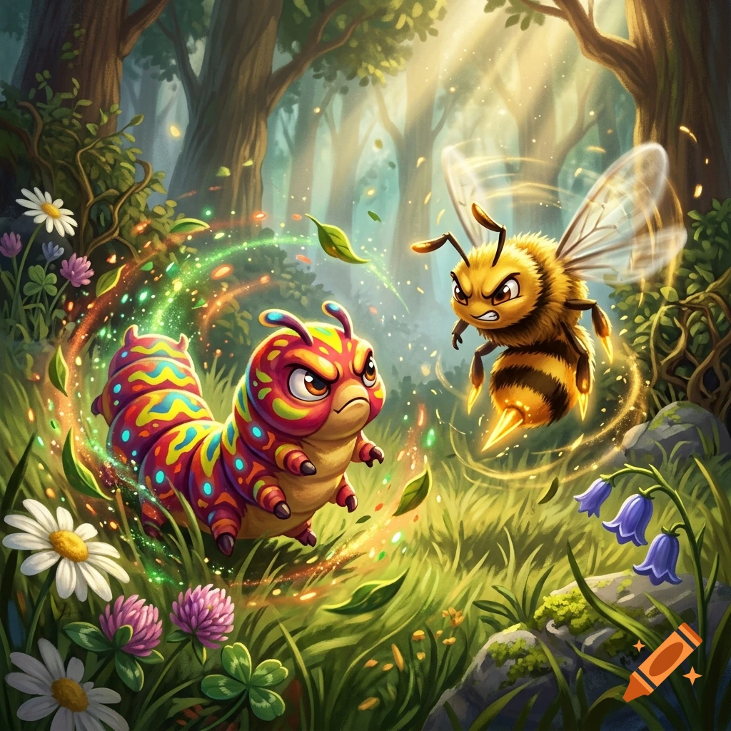 Digital illustration of a colorful glowing caterpillar and an angry bee facing off in a sunny forest clearing surrounded by flowers.