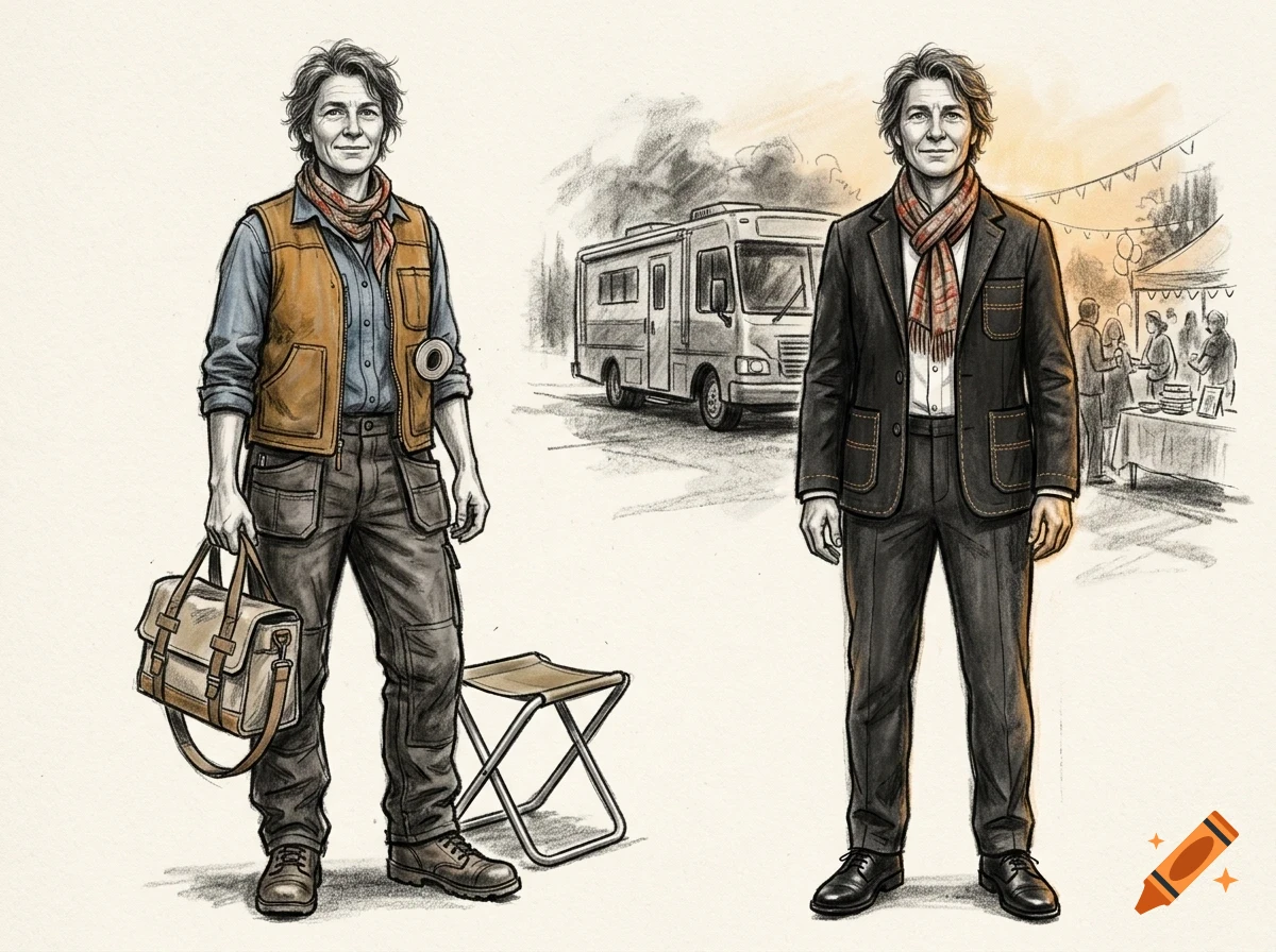 Sketches of a person in different outfits, including work attire with a bag and a suit with a scarf, with a camper van and gathering in the background.